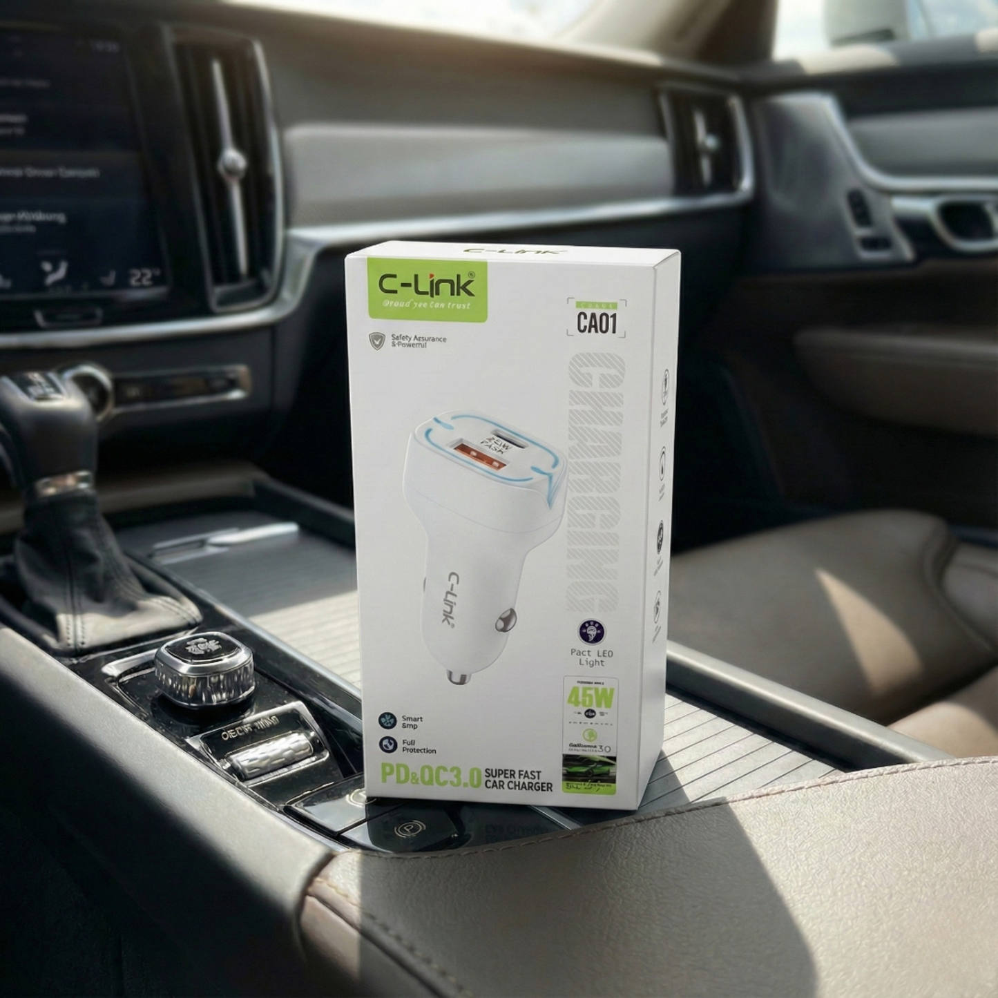 C-Link CA01 45W Super Fast Car Charger – Dual Port (PD + QC 3.0) with LED Light