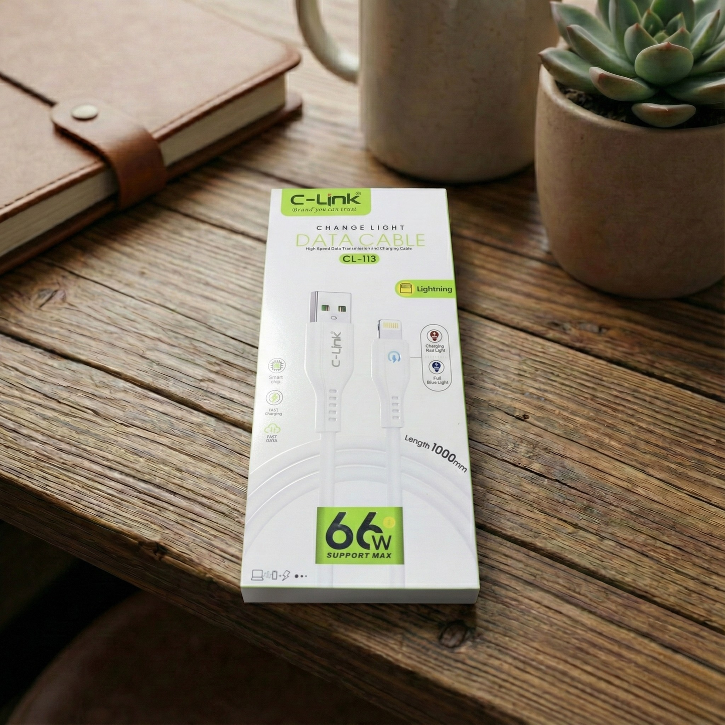 C-Link CL-113 66W Fast iPhone Charging Cable ā Smart Color-Changing LED